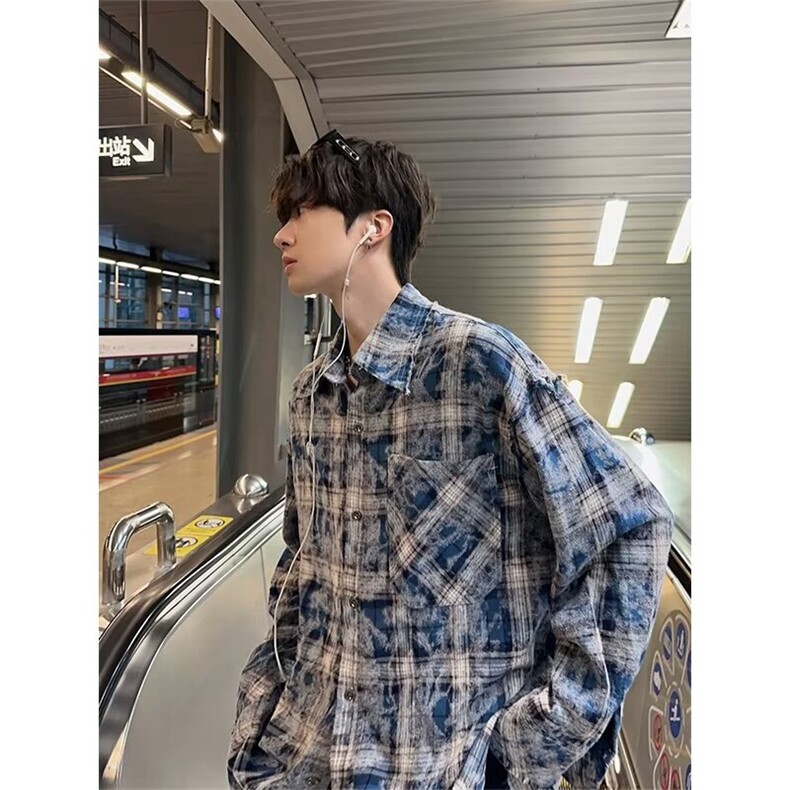 ins文艺秋冬季扎染痞帅格子长袖宽松型衬衫-CS051-网络图,男装衬衫,星座1002-2