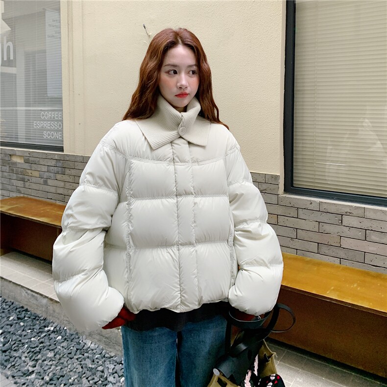 针织领白色羽绒服女冬2025年超火好看高级小众加厚短款面包服外套,女装羽绒服,2B109