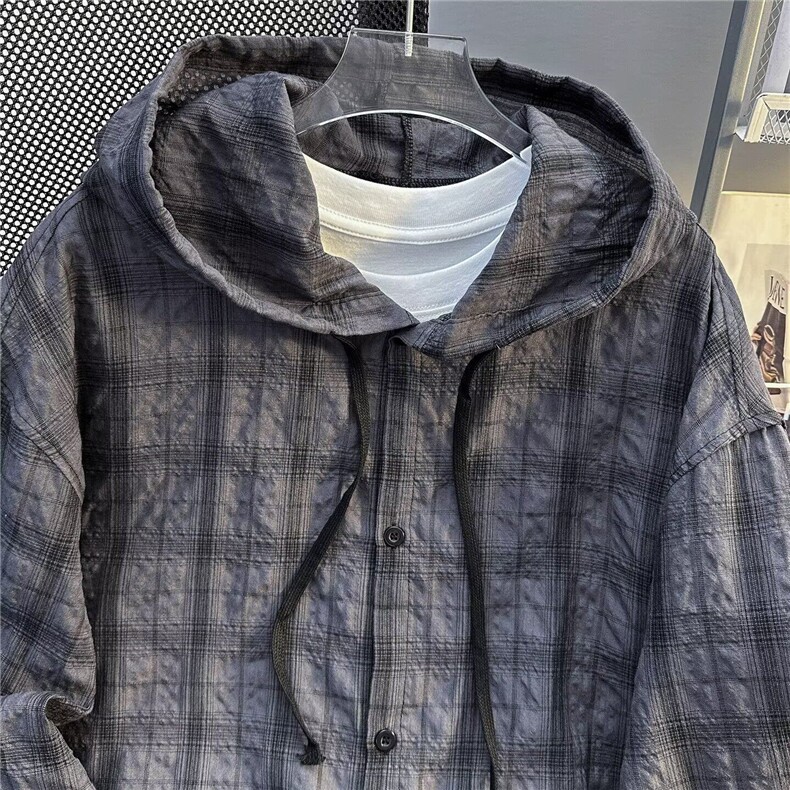 W451-P45个性连帽薄款格子上衣衬衫防晒外套,男装防晒衣,星座911-1