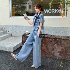 撞蓝色蝴蝶结小香风套装2025新款女初夏法式高级感大方得体两件套，女装套装/套裙，2C159
