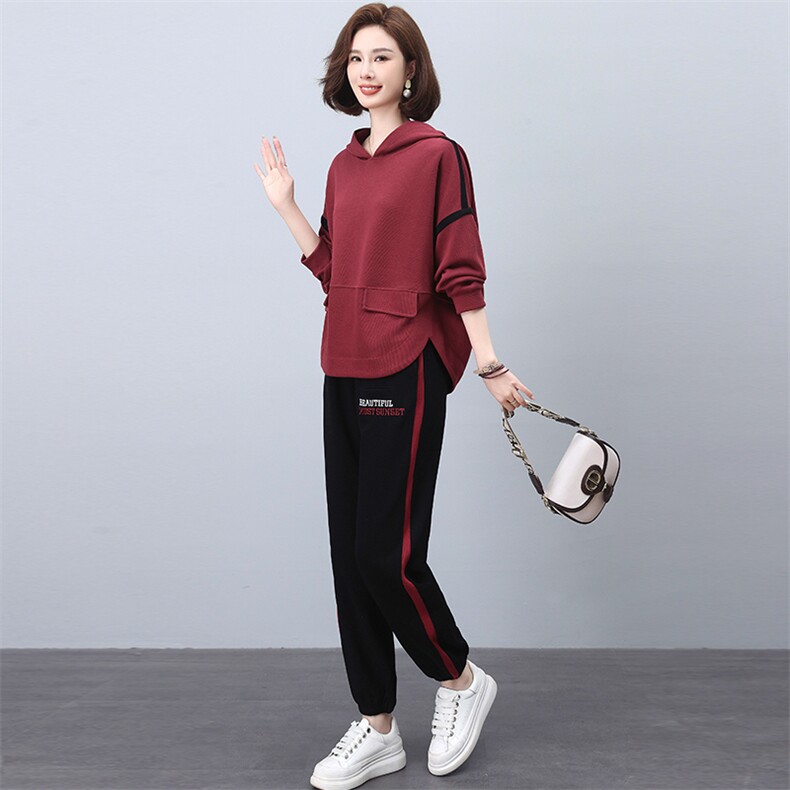 连帽卫衣套装女2025春秋新款大码宽松洋气中年妈妈运动休闲两件套,女装套装/套裙,忆绮罗