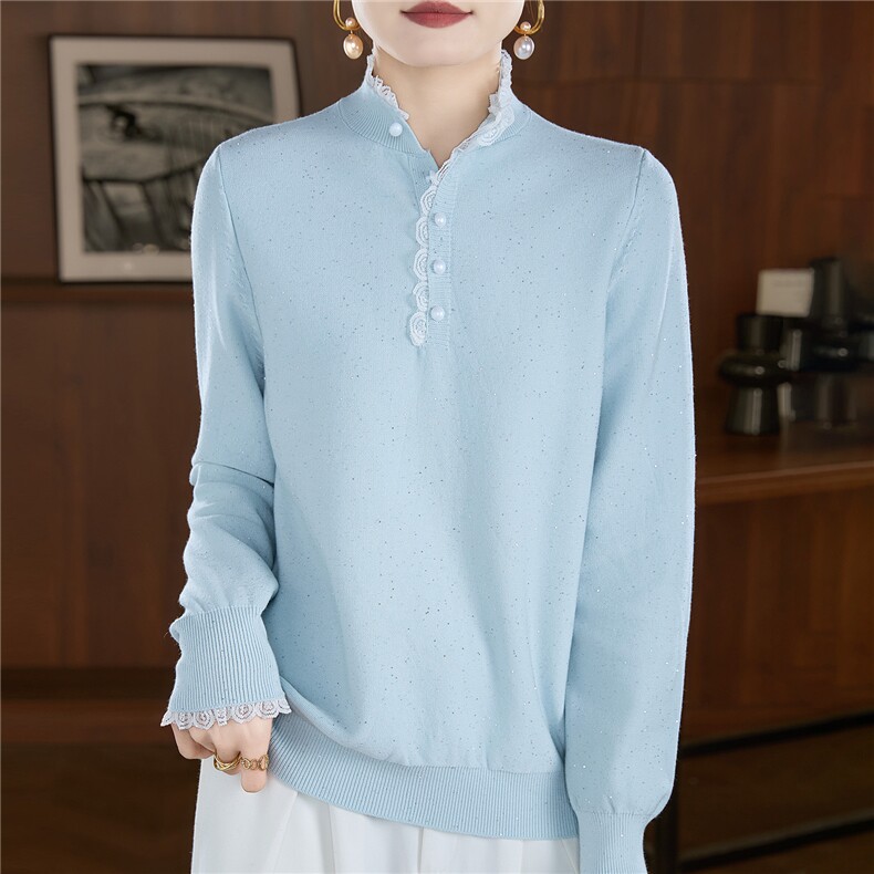 2025年秋季时尚百搭通勤简约休闲珠片花边半高，女装针织衫/毛衣，恒旺羊绒