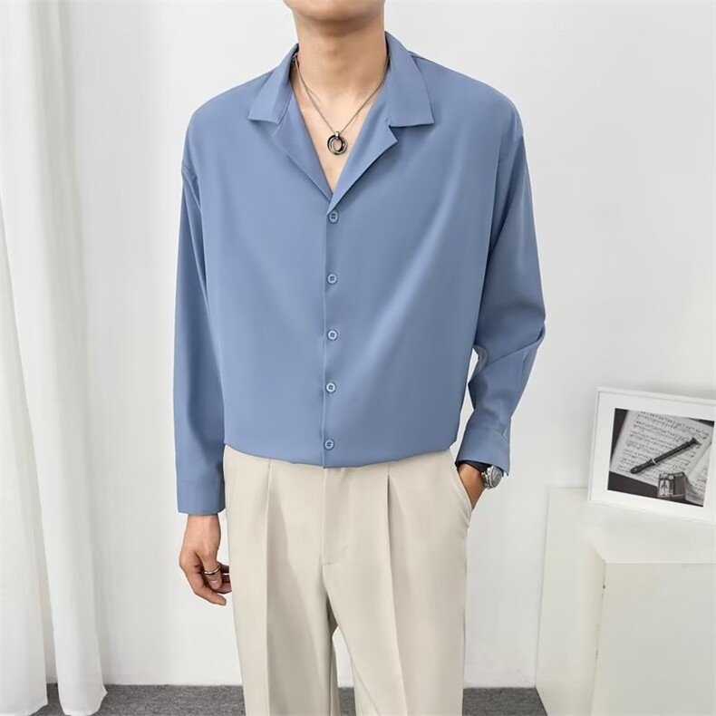 宽松垂感黑色衬衫男长袖春秋冬季痞帅男士休闲男装白衬衣潮  Y36图片