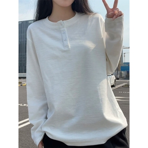 休闲复古纹理感亨利领宽松纯色打底衫长袖T恤男T24521-特P42控78