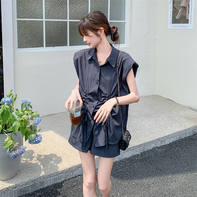【新款现货】灰色抽绳坎袖衬衣短裤两件套F550-P125-K188,女装套装/套裙,2C255