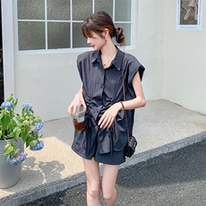 【新款现货】灰色抽绳坎袖衬衣短裤两件套F550-P125-K188，女装套装/套裙，2C255