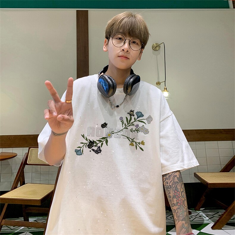 可48小时发货支持抖音得物来样二开美式满天星亮片短袖T恤MTX724,男装T恤,电商A486