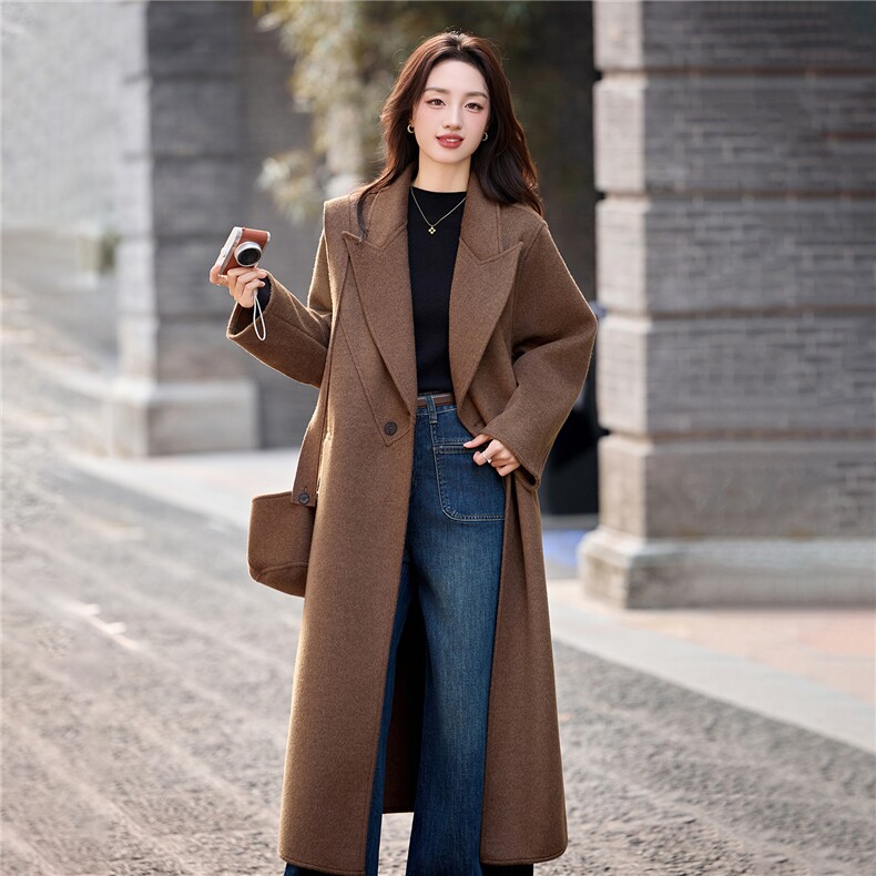 现货手工缝制冬保暖新款时尚可拆卸帽子双面呢大衣送腰带帽子，女装双面呢大衣，美静678