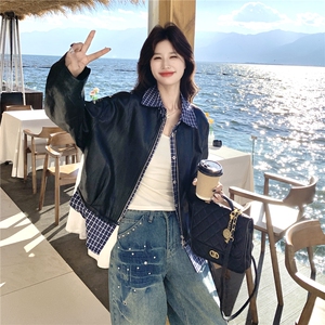 设计感假两件格纹拼接皮衣短外套女2026春季新款宽松休闲显瘦夹克图片