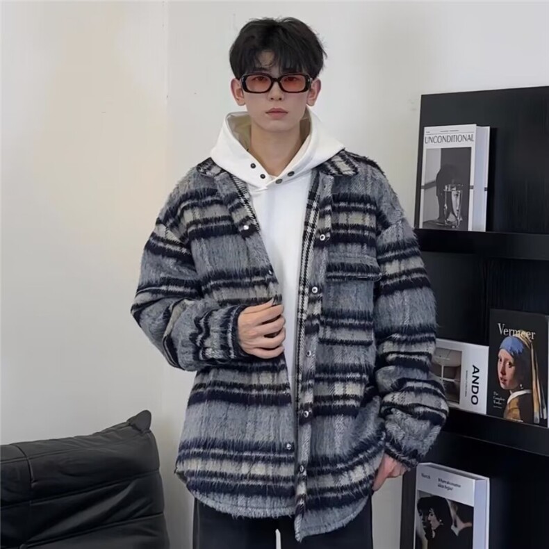 429-P65日系小香风毛呢格子外套男士秋季复古翻领呢子保暖,男装棉衣,电商B323A