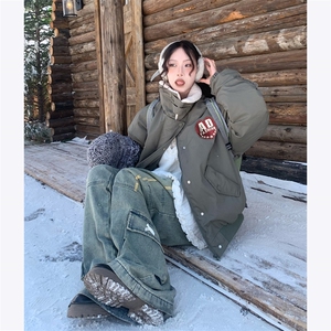 美式设计感羊羔毛翻领棉服外套男女飞行服重磅绣花冬季棉袄  网图图片