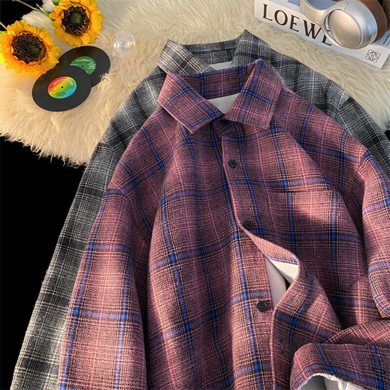 2025春季新款港风摆拍大码格子长袖衬衫M-5XHC25015-P35，男装衬衫，电商A022