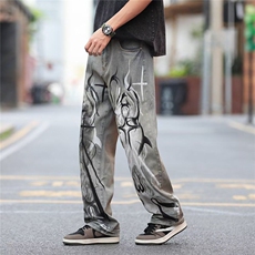 火焰涂鸦牛仔裤男美式vibe风高街小众宽松设计感长裤RK2870-P56，男装牛仔裤，星座412-3