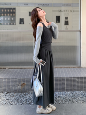 灰色不规则背心套装裙女2025年秋季新款设计感一字肩连衣裙两件套，女装连衣裙，2D034