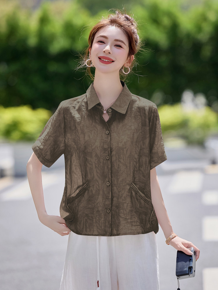 莱赛尔天丝提花短袖衬衫女2025夏季新款气质翻领洋气减龄小衫上衣,女装衬衫,余墨