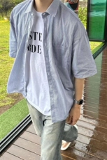 夏装中袖衬衫男生宽松竖条纹百搭休闲五分袖衬衣XZ716A-CS811P45，男装T恤，星座716A（原星座815-4）