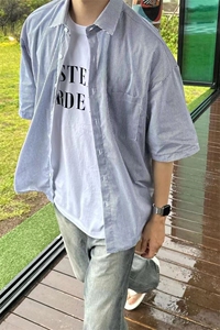 夏装中袖衬衫男生宽松竖条纹百搭休闲五分袖衬衣XZ716A-CS811P45图片