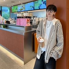 美式条纹连帽开衫针织衫秋冬季潮流宽松休闲百搭毛衣，男装针织衫/毛衣，星座410-7
