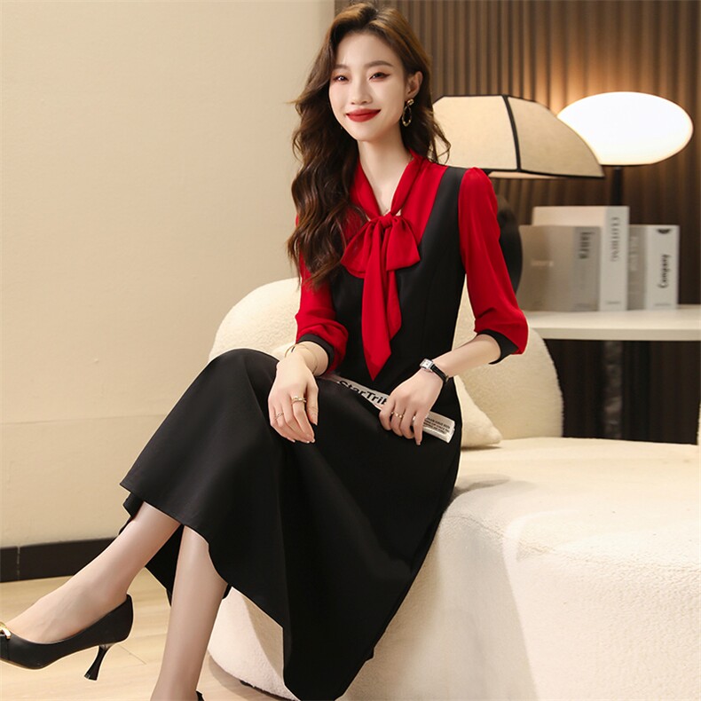 高级感连衣裙假两件女2024春秋新款名媛气质女神范长袖有女人味裙，女装连衣裙，米雪儿