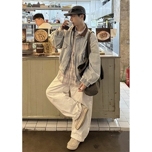 撞色复古翻领夹克牛仔衣男春秋季怀旧风水洗廓形牛仔外套 JA180图片
