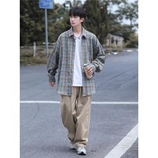 抖音日销2千件薄款格子衬衫男长袖宽松衬衣CS7219P55控88，男装衬衫，电商B413-1
