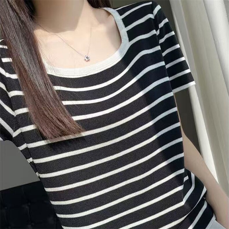 洋气黑白条纹针织t恤女薄百搭大U领宽松显瘦短款上衣圆领冰丝短袖,针织衫/毛衣,萱芳婷羊绒