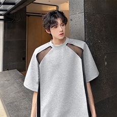 现货高级垫肩镂空拼接设计纯色百搭潮男T恤A071-T77-P40，男装T恤，电商A071