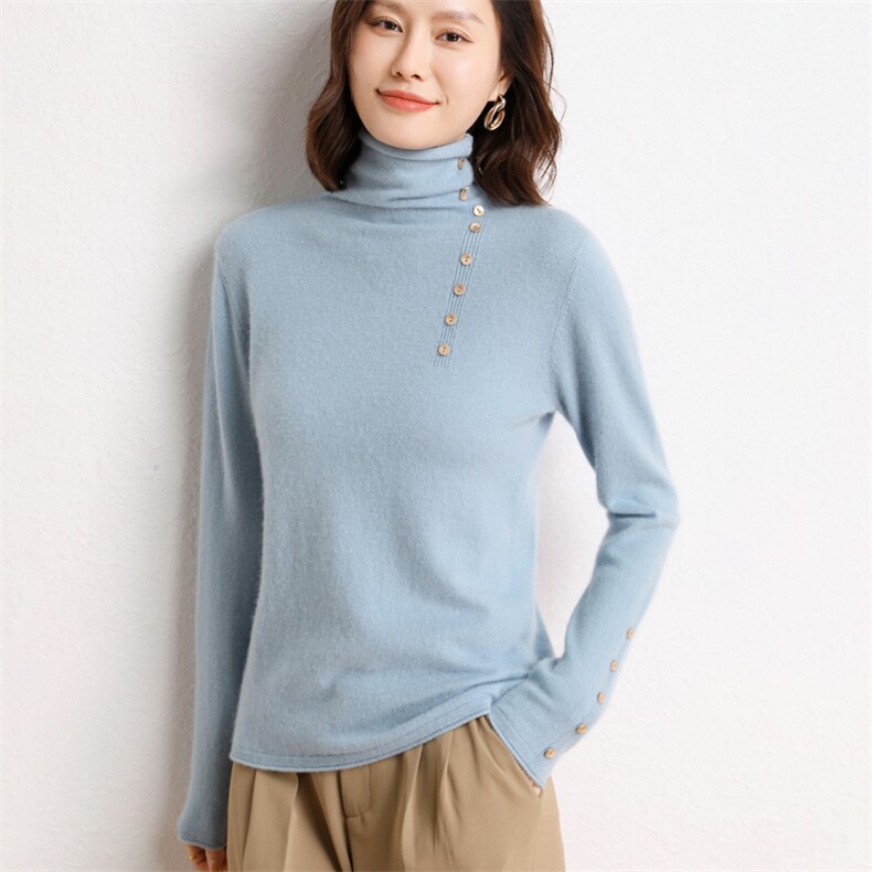 给足你惊喜！堆堆领羊绒衫女亲肤羊绒宽松带扣套头山羊绒毛衣薄，女装羊绒衫，纳丰羊绒