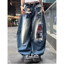 牛仔裤男女重工贴布拼接裤子复古水洗阔腿垂感休闲裤AM7027P53，男装牛仔裤，星座1013-5