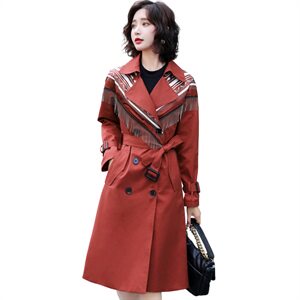 2021春秋装新款流苏中长款双排扣女士风衣图片