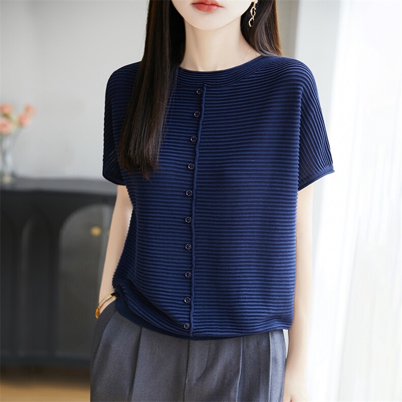 2025夏季新款天丝针织短袖T恤女装圆领套头纯色轻薄气质百搭上衣，女装T恤，暖烁羊绒