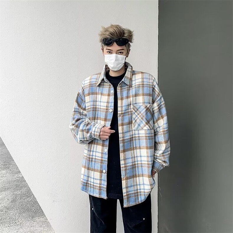 男士衬衫潮流港风宽松痞帅外套春季休闲长袖格子衬衣服C2666-p40,男装衬衫,星座1008-2