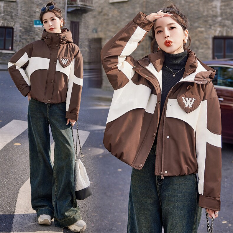 派克服羽绒服女2024冬季新款小个子短款欧货休闲拼接加厚工装外套,女装羽绒服,韩蜜菓