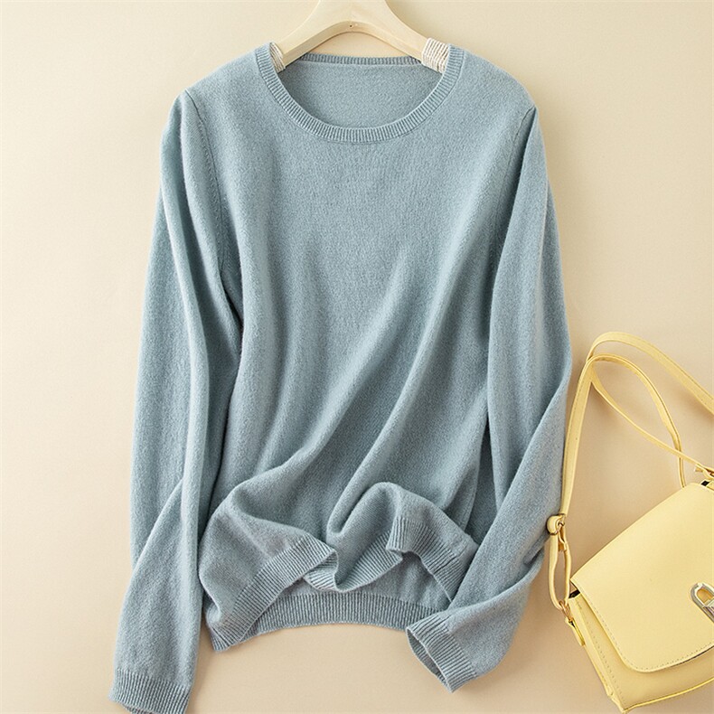 百搭气质女羊绒针织衫经典圆领长袖秋冬内搭舒适保暖显瘦修身毛衣，女装羊绒衫，三莲羊绒
