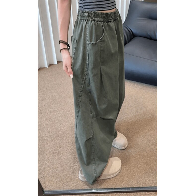 军绿色剪裁弯刀工装裤男款秋季美式复古纯棉裤子阔腿直筒休闲长裤，男装工装外套，星座515A