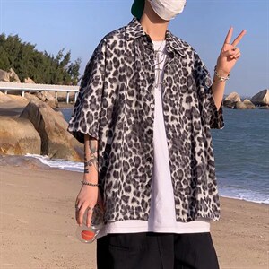 短袖衬衫春款男港风潮流冰丝豹纹五分袖衬衫CS17P30图片