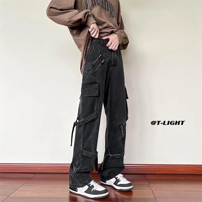 美式vibe裤子ins欧美高街潮牌牛仔裤男直筒修身拉链机能风,男装牛仔裤,星座218-1（原230）