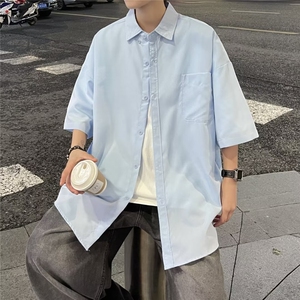 基础款开衫纽扣白衬衫短袖男女款时尚五分袖翻领衬衣 C430图片