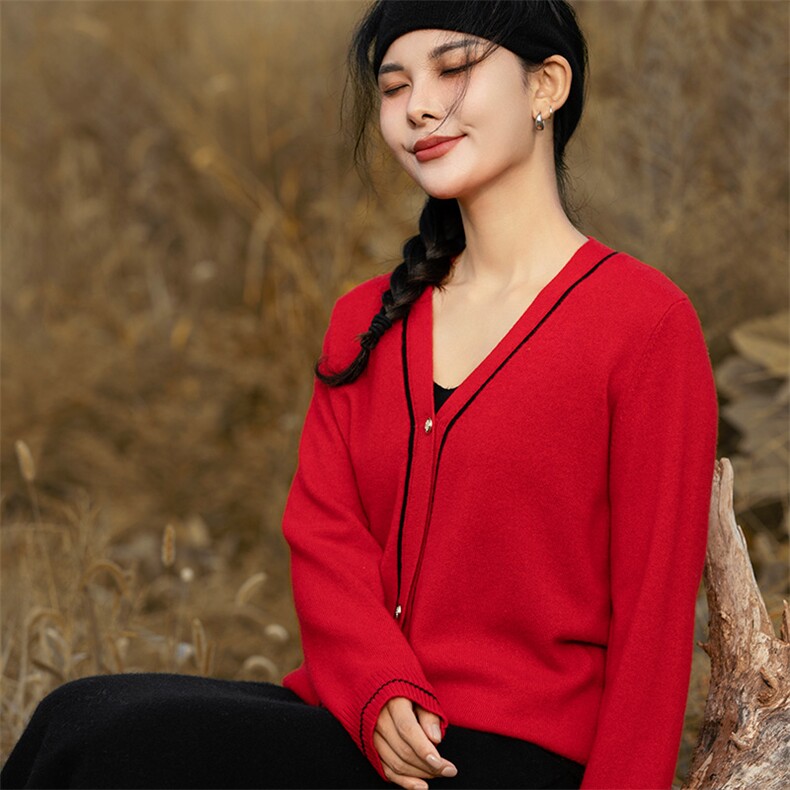 秋冬季新款简约舒适单排扣羊毛开衫长袖,女装羊毛衫,奢优羊绒