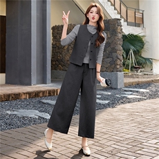 韩系高级感马甲+打底衫+休闲阔腿裤套装女2026春装新款三件套套裤，女装套装/套裙，冬木谷雨