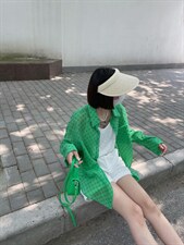 主品格子衬衫女2022夏季新款宽松翻领防晒衬衣复古长袖，女装衬衫，主品