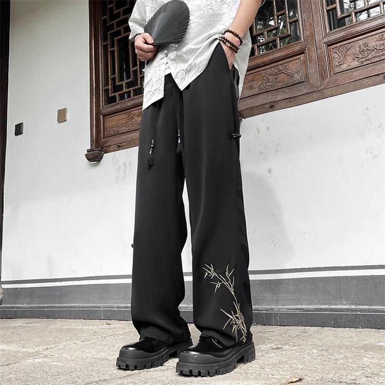 新中式风刺绣裤子男夏季薄款黑色西裤垂坠感高级感冰丝休闲长裤，男装西裤，星座505-2（原电商A260-1)