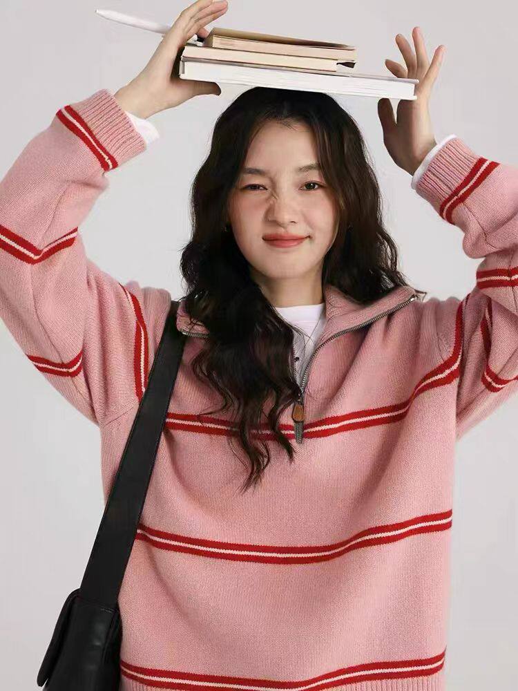 2025秋冬百搭时尚条纹半开领羊毛针织衫，女装羊毛衫，千御纺羊绒