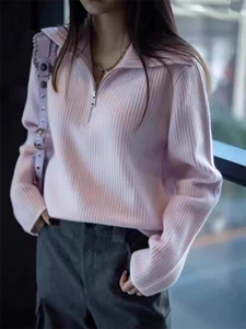2025年夏季常规款时尚百搭落肩袖半开领单件长袖女士上衣图片