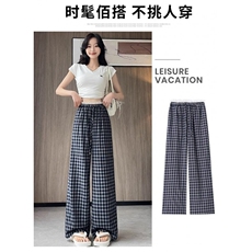 AK2353-P40蕾丝花边格子阔腿裤女夏季高腰垂感宽松休闲裤，女装休闲裤，星座617A-2