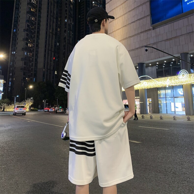夏季新款潮流个性时尚三条杠休闲短袖套装男宽松大码运动情侣款,男装休闲套装,星座506
