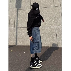 多口袋牛仔短裤男款夏季美式高街工装七分裤百搭宽松阔腿中裤子男图片