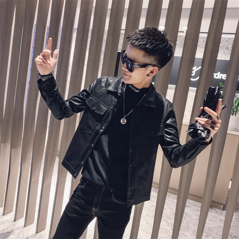 社会风纯色按扣刺绣修身PU皮衣夹克外套B297-M03-P120控158,男装夹克,电商B297