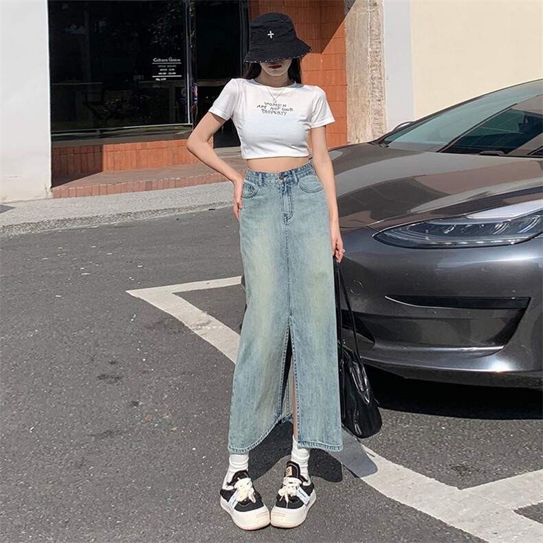 高腰开叉牛仔半身裙女2025新款夏季遮胯a字美式摆裙包臀中长裙子,女包手腕包,星座1210-1