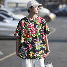 HT203夏男休闲东北大花民族风牡丹花圆领短袖T恤青少年大码男女潮，男装T恤，星座115A(原星座507）